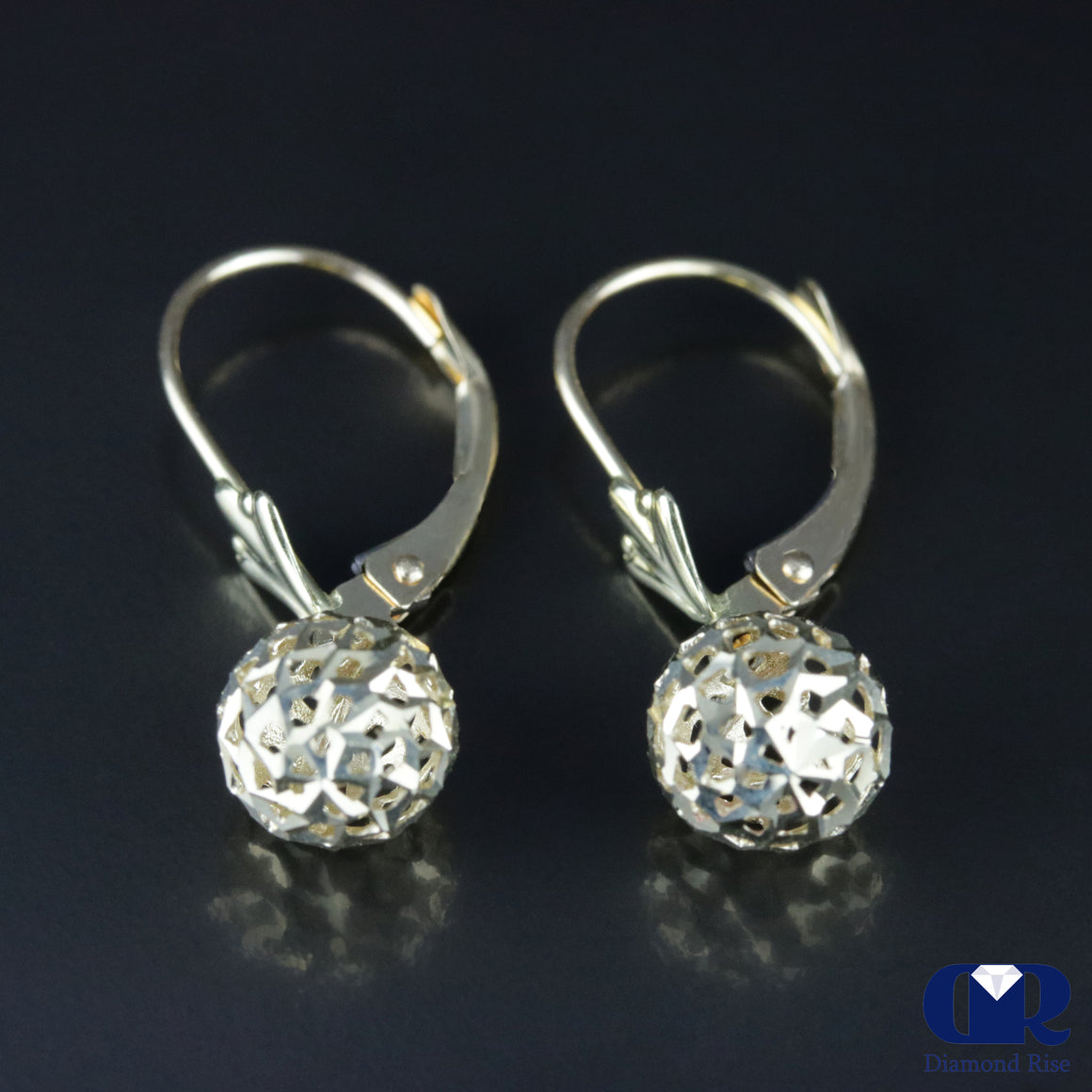 14K Yellow Gold Diamond Cut Ball Hoop Drop Earrings - Diamond Rise Jewelry