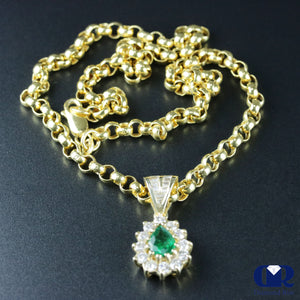 Pear Shaped Emerald & Diamond Drop Pendant Necklace In 14K Yellow Gold - Diamond Rise Jewelry