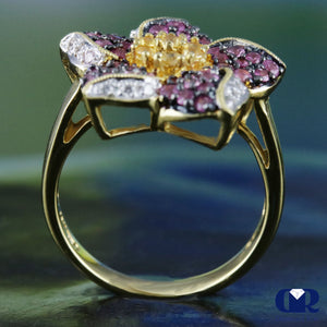 Women's Diamond & Sapphire Flower Style Right Hand Ring Cocktail Ring In 18K Yellow Gold - Diamond Rise Jewelry