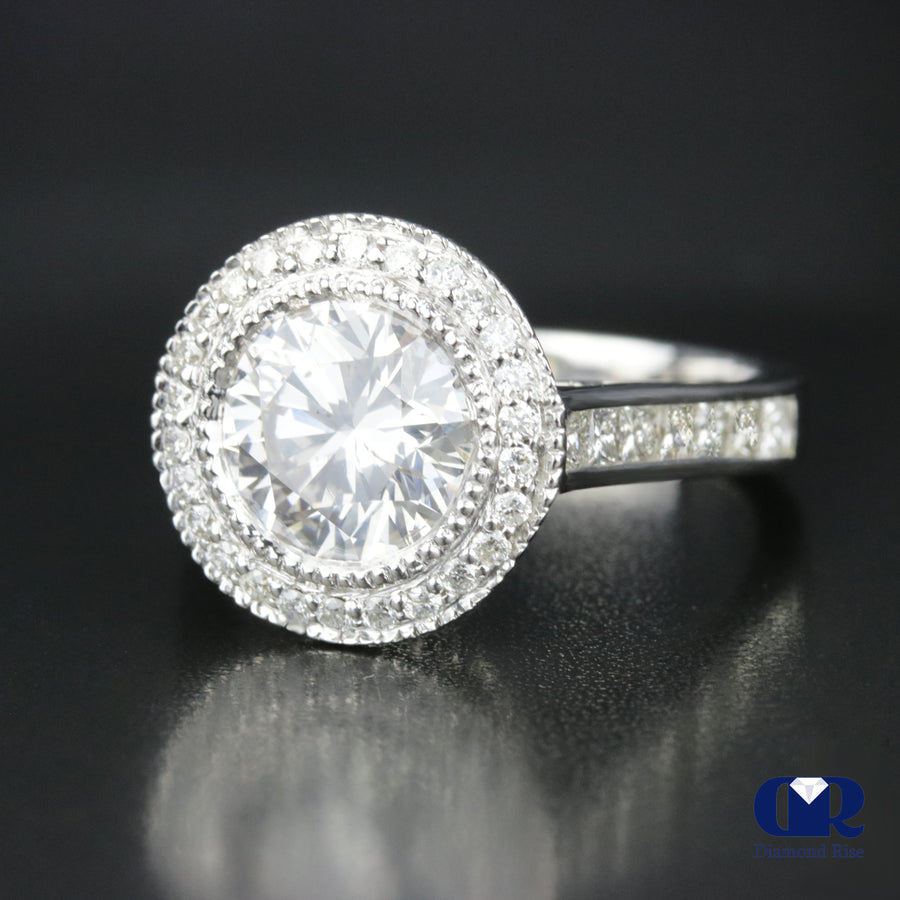 3.45 Carat Round Cut Diamond Halo Engagement Ring In 14K White Gold - Diamond Rise Jewelry
