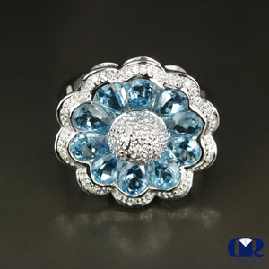 5.50 Ct Blue Topaz & Diamond Cocktail & Right Hand Ring In 18K White Gold - Diamond Rise Jewelry