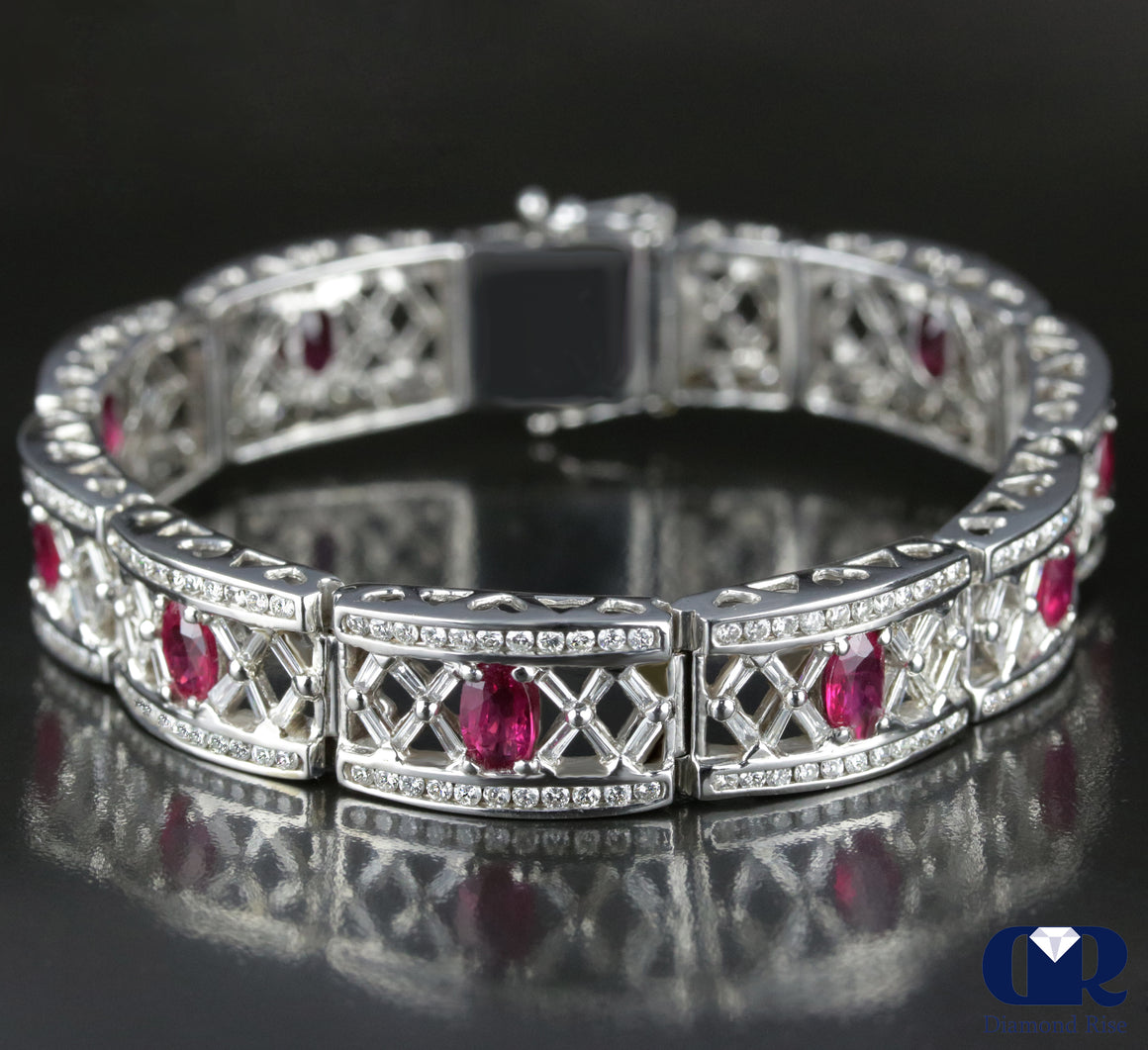 Women's Enormous 12.12 Carat Diamond & Ruby Vintage Bracelet In 14K White Gold - Diamond Rise Jewelry