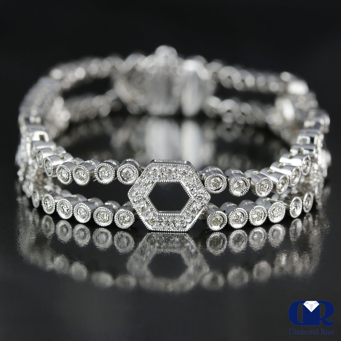 3.32 Carat Round Cut Diamond Vintage Style Bracelet In 14K Whit Gold - Diamond Rise Jewelry