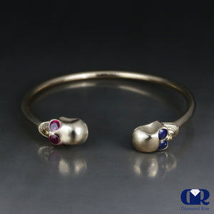 Skull Design Cuff Bangle Bracelet With Natural Ruby & Sapphire In 10K Solid Gold - Diamond Rise Jewelry