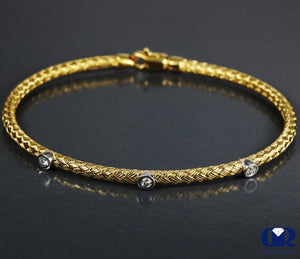 Diamond Flexible Woven Stretch Bangle Bracelet 14K Yellow Gold