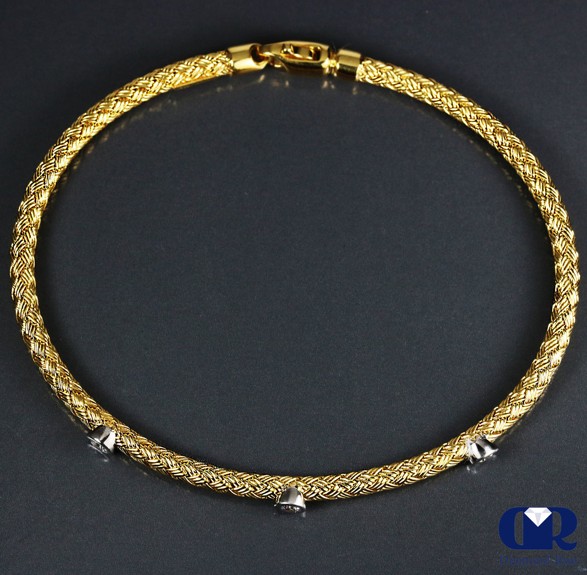 Diamond Flexible Woven Stretch Bangle Bracelet 14K Yellow Gold