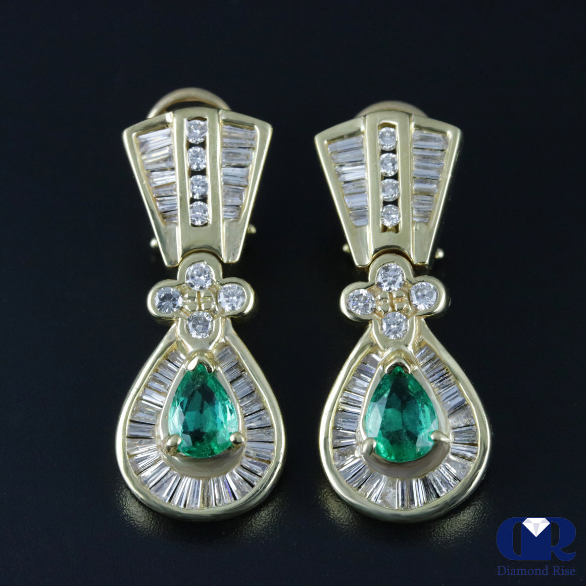 Pear Shaped Emerald & Diamond Earrings In 14K Yellow Gold With Omega Back - Diamond Rise Jewelry