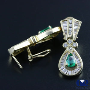 Pear Shaped Emerald & Diamond Earrings In 14K Yellow Gold With Omega Back - Diamond Rise Jewelry