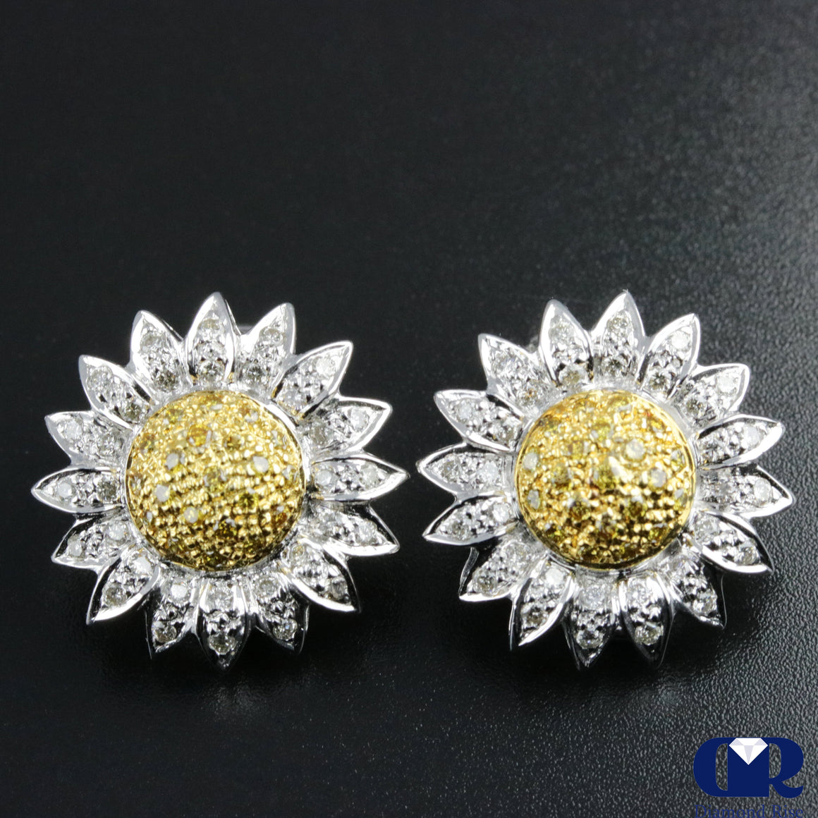 Yellow & White Diamond Sunflower Shaped Earrings In 18K White Gold - Diamond Rise Jewelry
