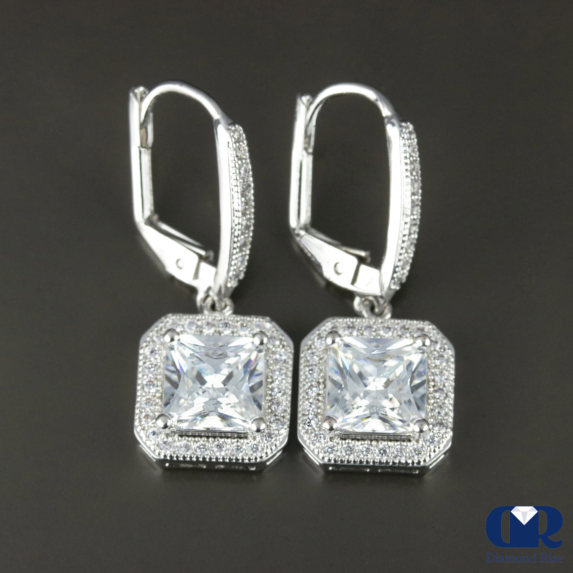 Princess Cut Diamond Drop Earrings With Lever back In 14K White Gold - Diamond Rise Jewelry