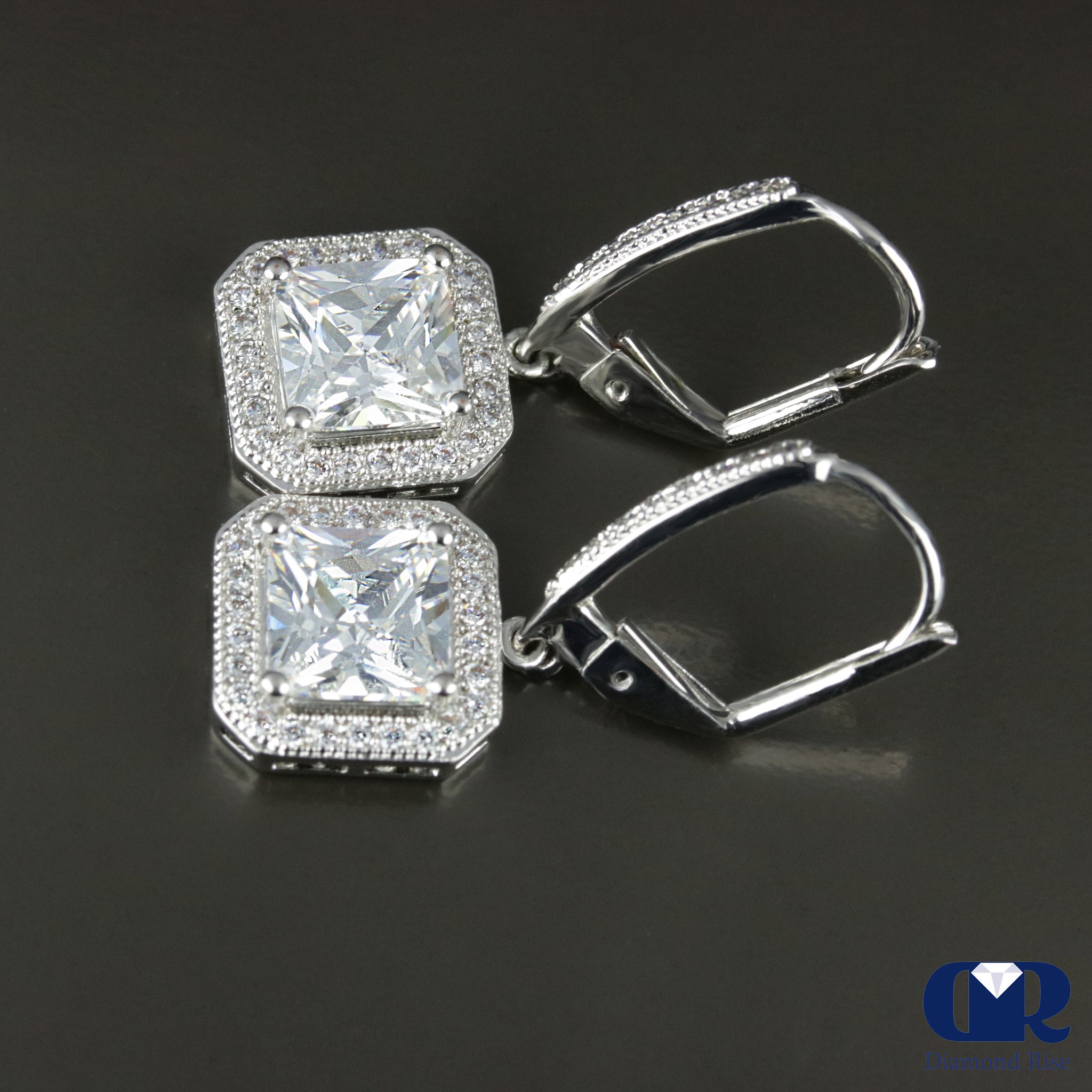 2Ct Princess Cut Moissanite Drop Lever Back Earring 14K White Gold Plated