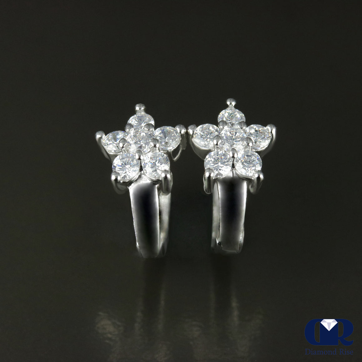 Floral Diamond Huggie Hoop Earrings In 14K White Gold - Diamond Rise Jewelry
