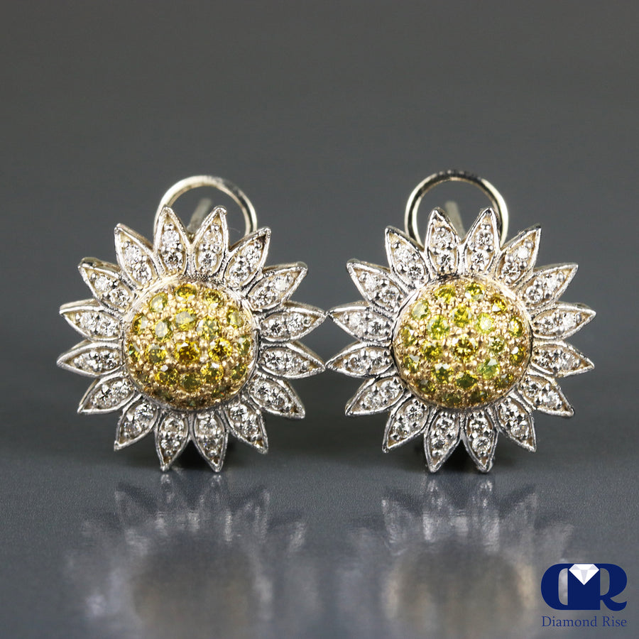 1.10 Carat Diamond Sunflower Earrings In 18K White Gold - Diamond Rise Jewelry