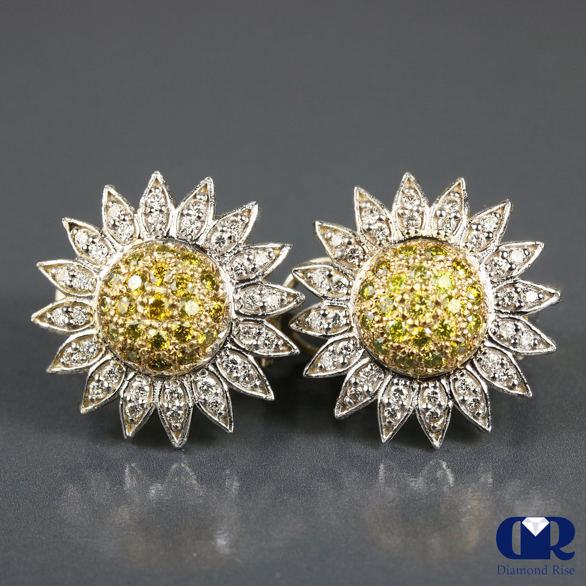 1.10 Carat Diamond Sunflower Earrings In 18K White Gold - Diamond Rise Jewelry