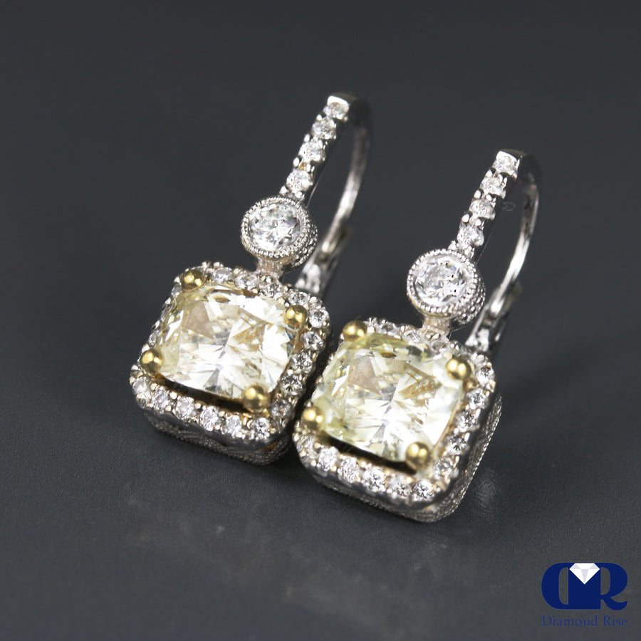 Natural 2.80 Ct Fancy Yellow Diamond Drop Earrings With Lever back 18K White Gold - Diamond Rise Jewelry