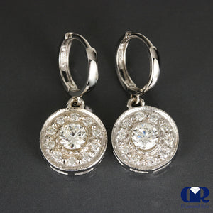 Natural 1.50 Carat Diamond Hoop Drop Earrings 14K White Gold