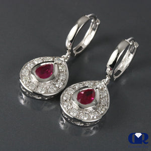 1.75 Carat Ruby & Diamond Pear Shaped Dangle Drop Earrings 14K White Gold