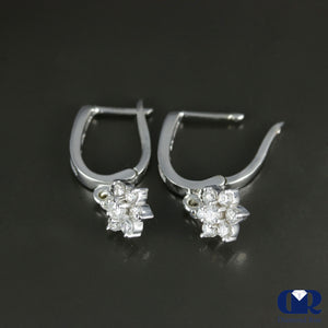 Round Cut Diamond Flower Shaped Drop Hoop Earrings In 14K Gold - Diamond Rise Jewelry