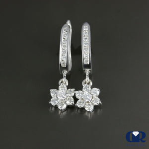 Round Cut Diamond Flower Shaped Drop Hoop Earrings In 14K Gold - Diamond Rise Jewelry