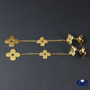 14K Yellow Gold Flower Shaped Dangle Drop Earrings