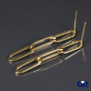 14K Yellow Gold Paperclip 3 Link Chain Dangle Drop Earrings 1 3/8"