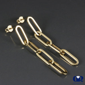 14K Yellow Gold Paperclip 4 Link Chain Dangle Drop Earrings 1 3/4"