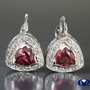 3.16 Ct Pink Trillion Tourmaline & Diamond Earrings 14KWG With Lever Back - Diamond Rise Jewelry