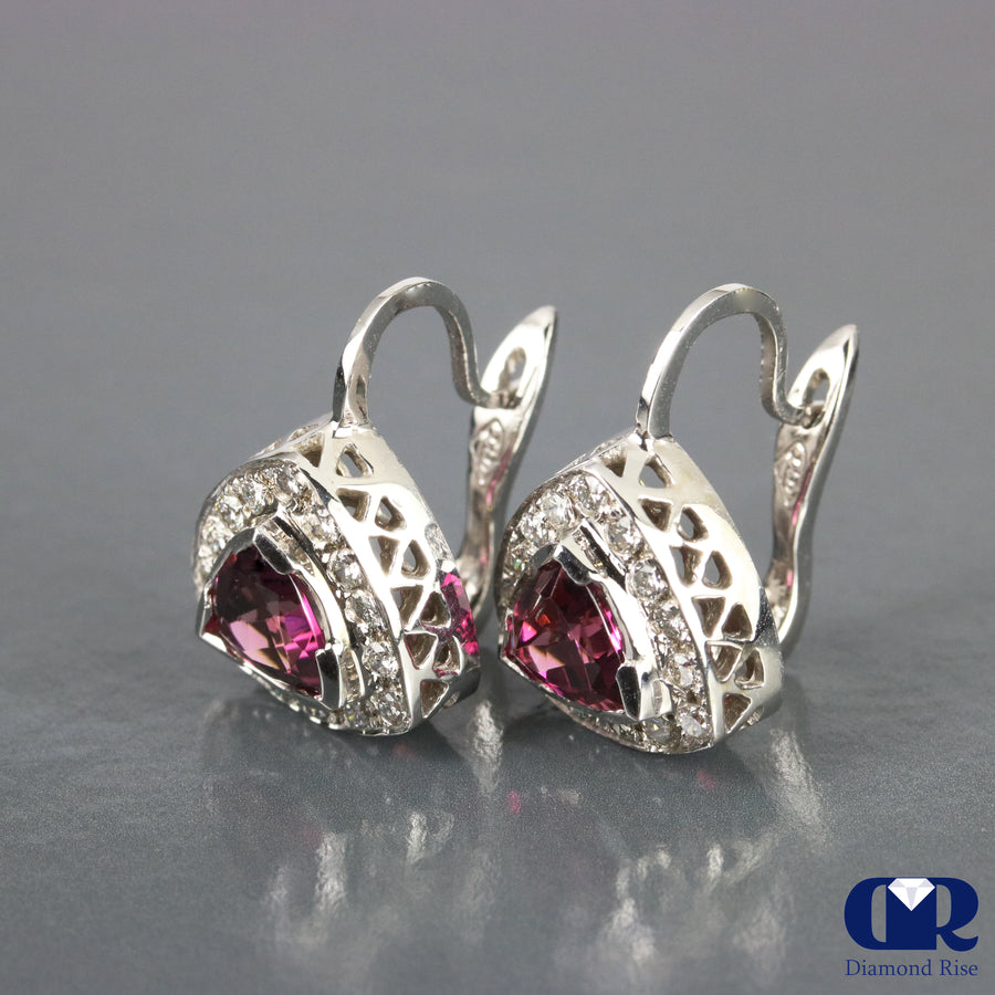 3.16 Ct Pink Trillion Tourmaline & Diamond Earrings 14KWG With Lever Back - Diamond Rise Jewelry