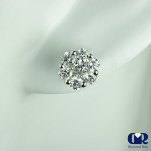 1.60 Carat Diamond Cluster Stud Earrings In 14K White Gold - Diamond Rise Jewelry