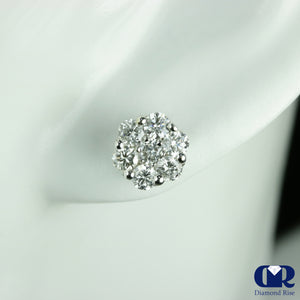 Diamond Cluster Stud Earrings In 14K White Gold With Screw Back - Diamond Rise Jewelry