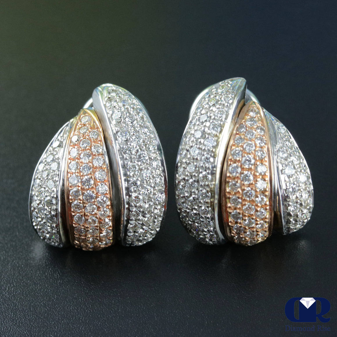 2.00 Carat Diamond Earrings In 14K Rose Gold & White Gold With Omega Back - Diamond Rise Jewelry