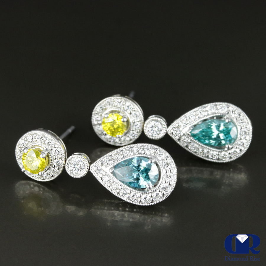 2.42 Carat Blue, Yellow & White Diamond Teardrop Earrings With Post 14K White Gold - Diamond Rise Jewelry