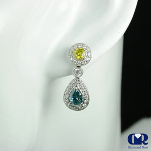2.42 Carat Blue, Yellow & White Diamond Teardrop Earrings With Post 14K White Gold - Diamond Rise Jewelry