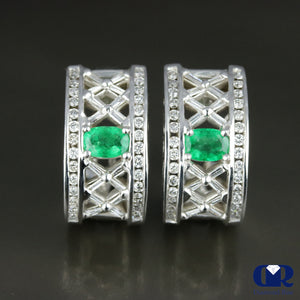 2.77 Ct Natural Emerald & Diamond Huggie Hoop Earrings 14K White Omega Back - Diamond Rise Jewelry