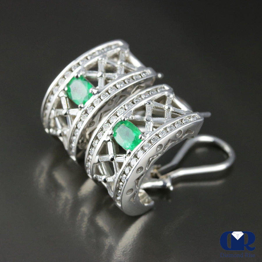 2.77 Ct Natural Emerald & Diamond Huggie Hoop Earrings 14K White Omega Back - Diamond Rise Jewelry