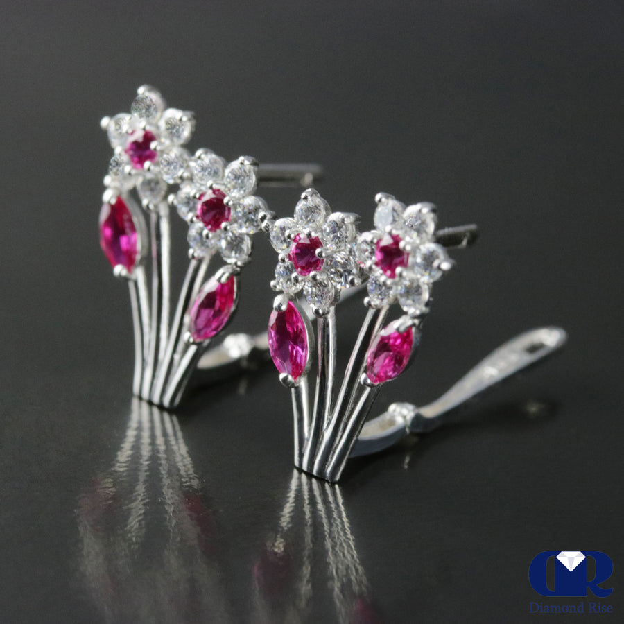 0.98 Carat Diamond & Ruby floral Style Earrings With Lever back 14K Gold - Diamond Rise Jewelry