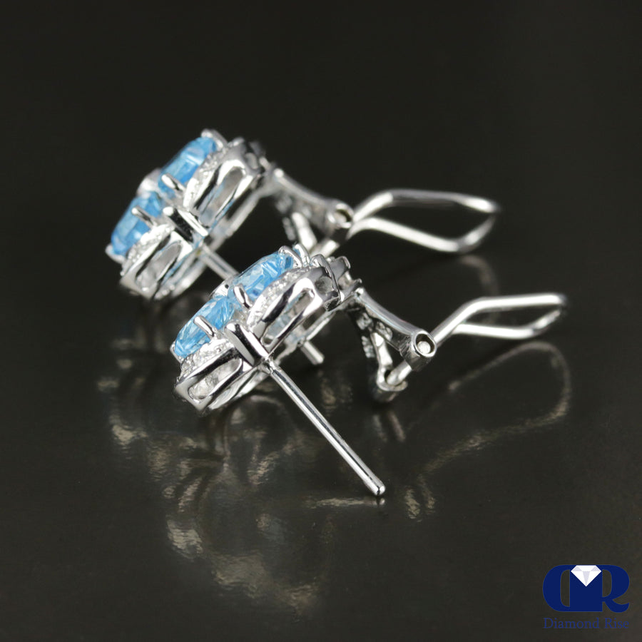 Natural Blue Topaz & Diamond Earrings In 18K Gold With Omega Back - Diamond Rise Jewelry