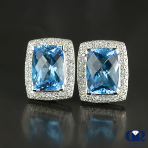 Cushion Cut Blue Topaz & Diamond Earrings In 14K Gold With Omega Back - Diamond Rise Jewelry