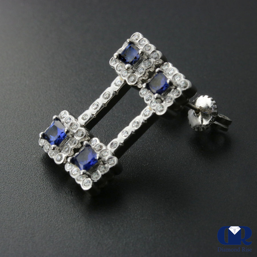 Diamond & Sapphire Dangle Earrings With Post In 18K White Gold - Diamond Rise Jewelry