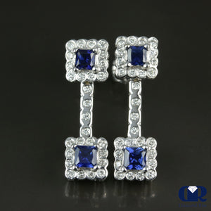 Diamond & Sapphire Dangle Earrings With Post In 18K White Gold - Diamond Rise Jewelry