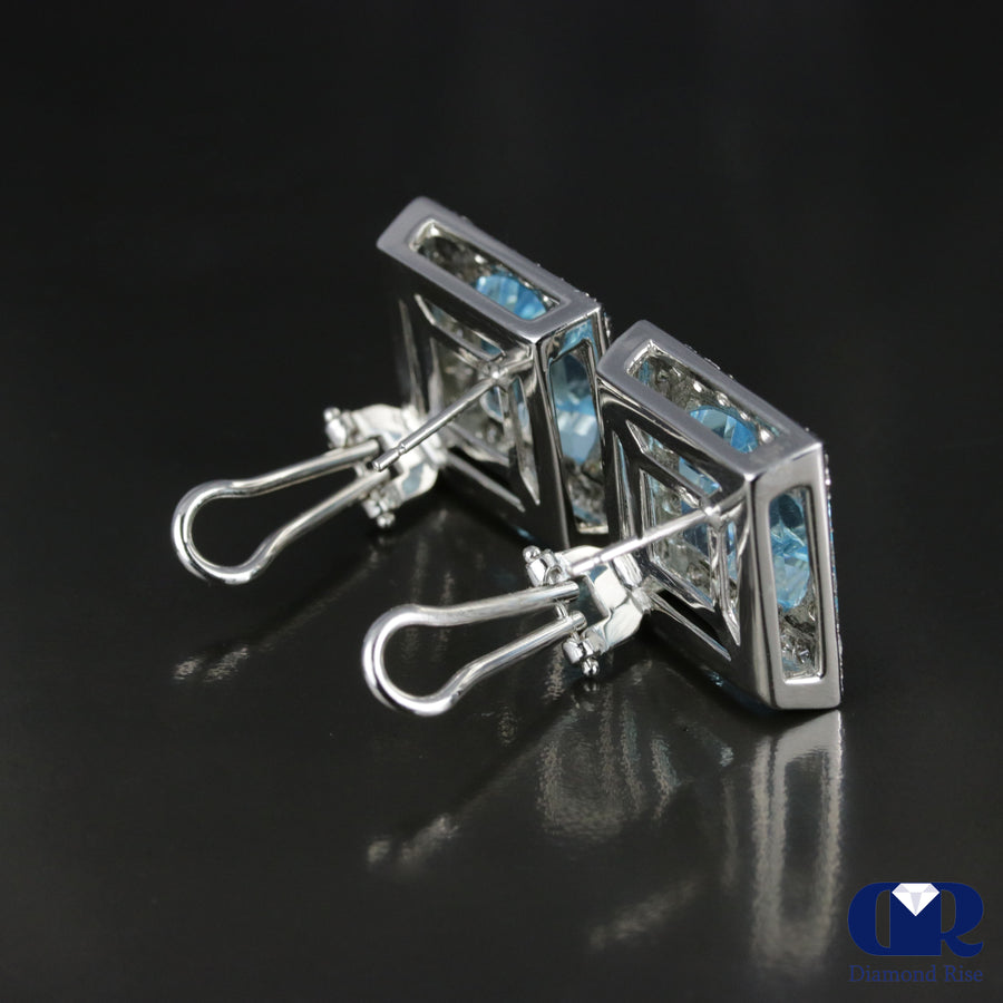 Natural Emerald Cut Blue Topaz & Diamond Earrings In 14K White Gold With Omega Back - Diamond Rise Jewelry