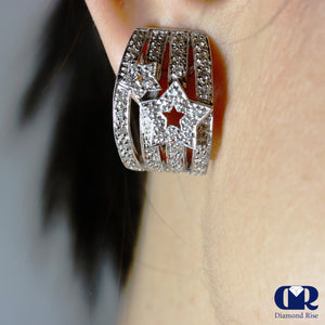 Round Cut Diamond Huggie Hoop Earrings In 14K White Gold With Omega Back - Diamond Rise Jewelry