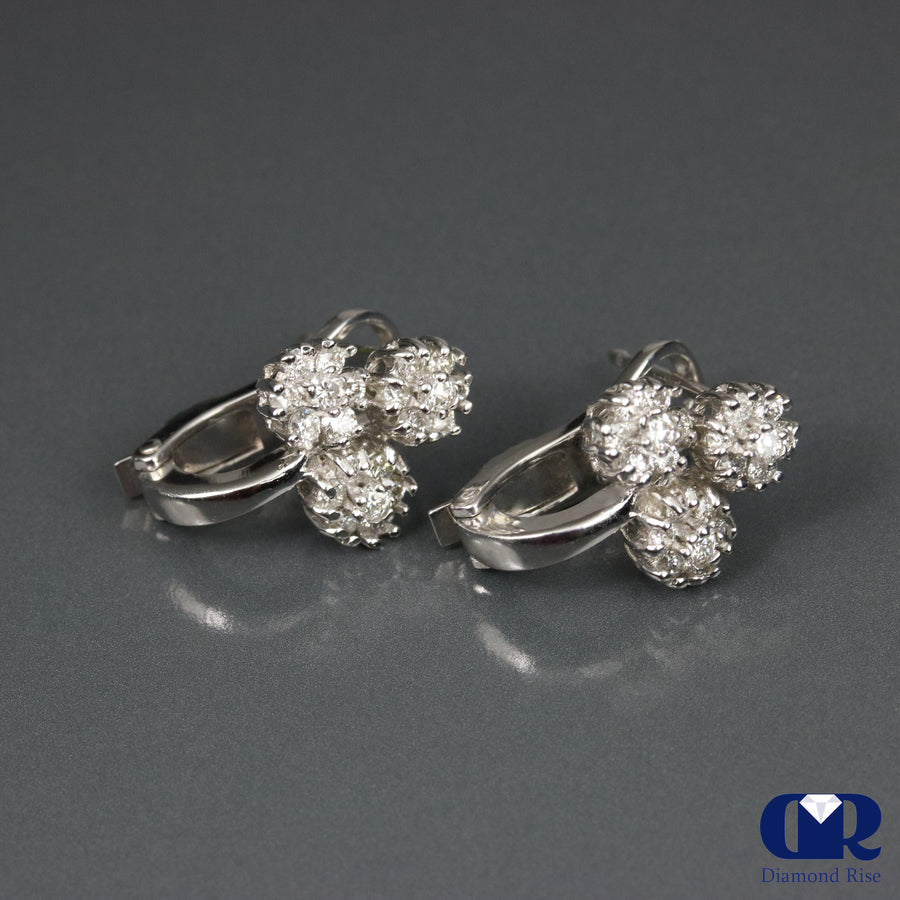 0.87 Carat Diamond Floral Huggie Hood Earrings In 14K White Gold - Diamond Rise Jewelry