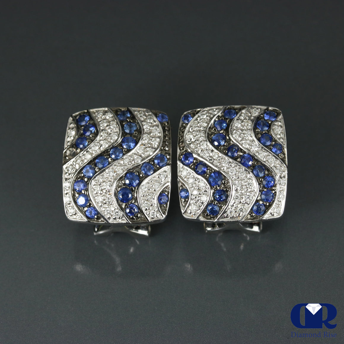 1.45 Ct Diamond & Sapphire Earrings In 14K White Gold With Omega Back - Diamond Rise Jewelry