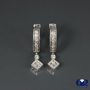 Round Cut Diamond Dangle Drop Earrings In 14K White Gold - Diamond Rise Jewelry