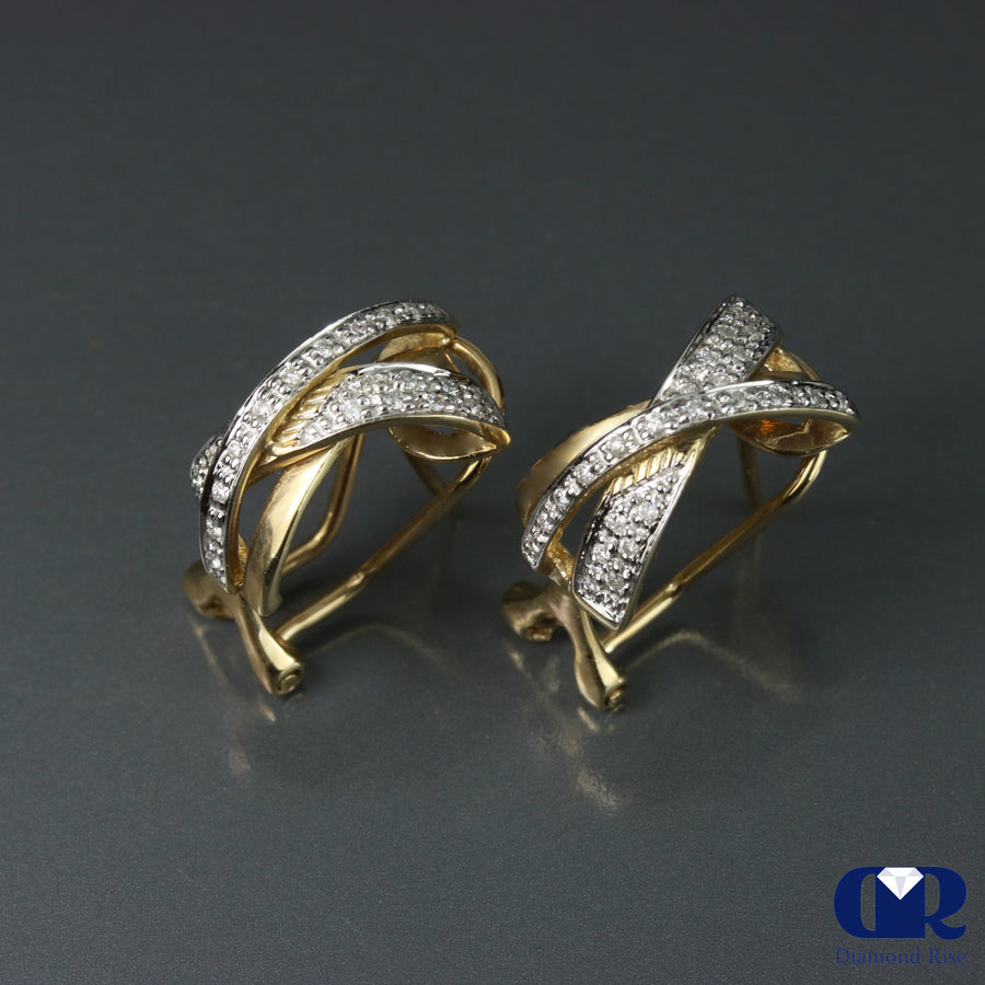Round Cut Diamond X Shaped Earrings In 14K Gold With Omega Back - Diamond Rise Jewelry