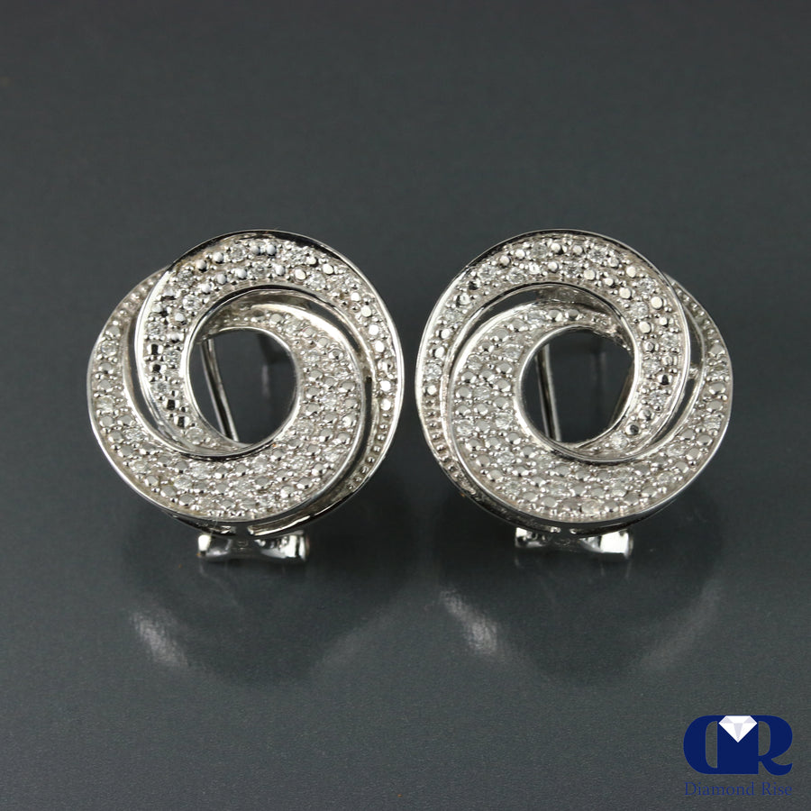 Women's Round Cut Diamond spiral Style Earrings In 14K White Gold With Omega Back - Diamond Rise Jewelry