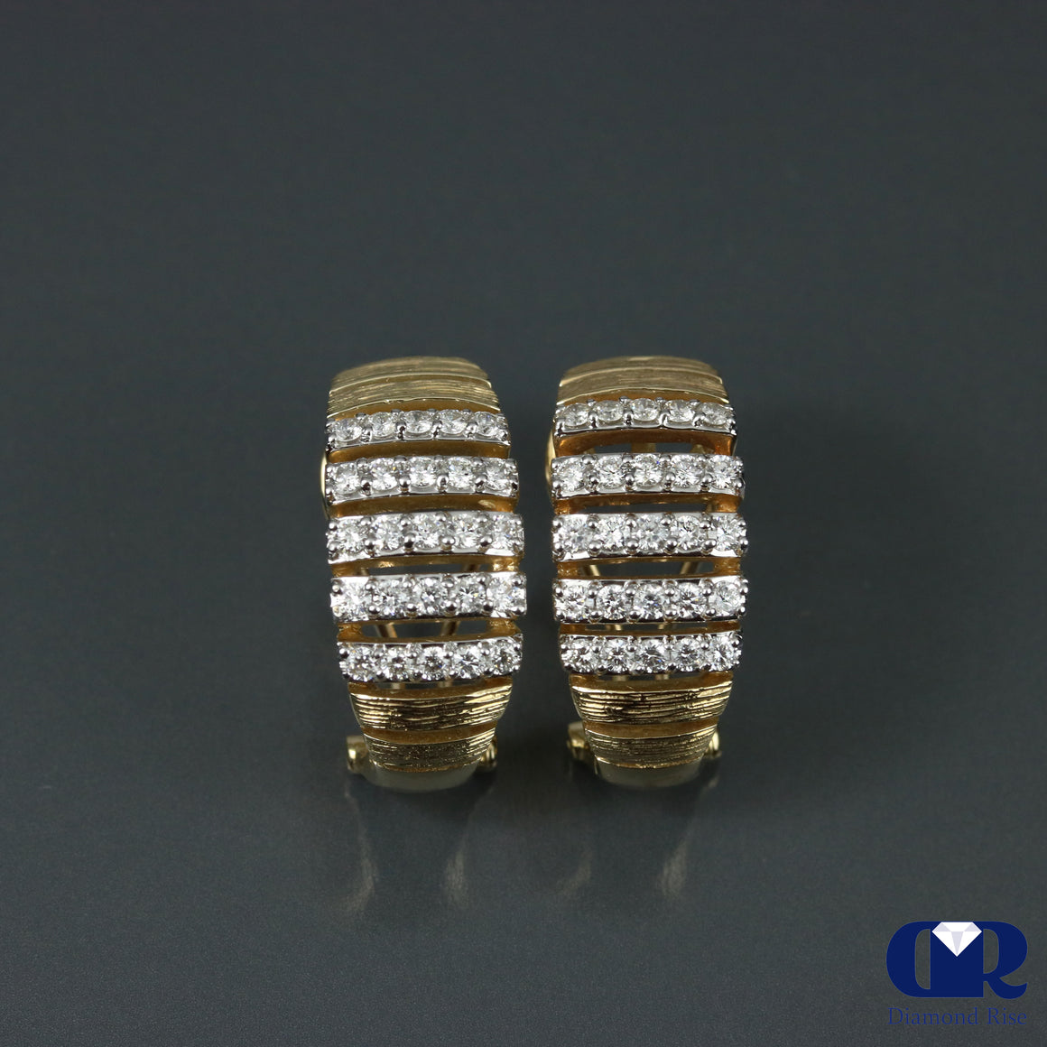 1.25 Carat Round Cu Diamond Half Hoop Earrings In 14K Gold With Omega Back - Diamond Rise Jewelry