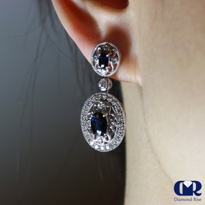 Natural Oval Sapphire & Diamond Drop Earrings In 14K Gold - Diamond Rise Jewelry