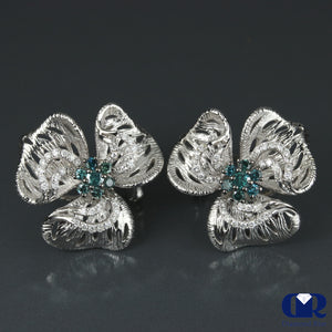 White & Blue Diamond Floral Earrings In 14K White Gold With Omega Back - Diamond Rise Jewelry